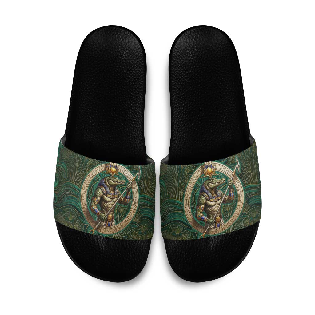 Sobek Crocodile Warrior Slide Sandals with Ankh Ancient Egyptian Motif in Emerald