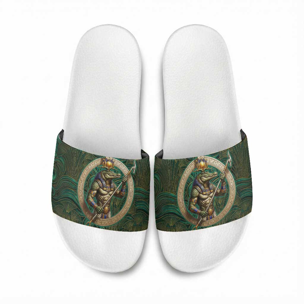 Sobek Crocodile Warrior Slide Sandals with Ankh Ancient Egyptian Motif in Emerald