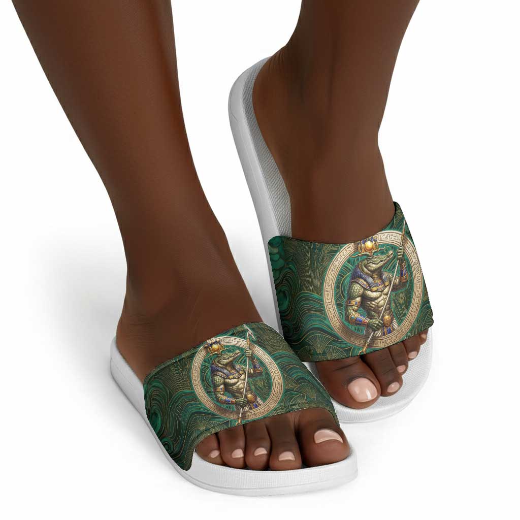 Sobek Crocodile Warrior Slide Sandals with Ankh Ancient Egyptian Motif in Emerald