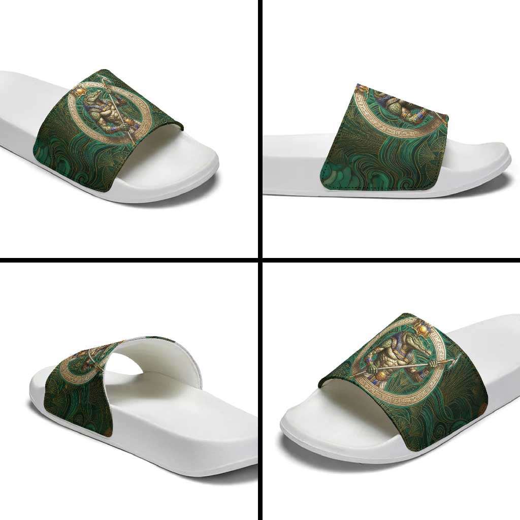 Sobek Crocodile Warrior Slide Sandals with Ankh Ancient Egyptian Motif in Emerald