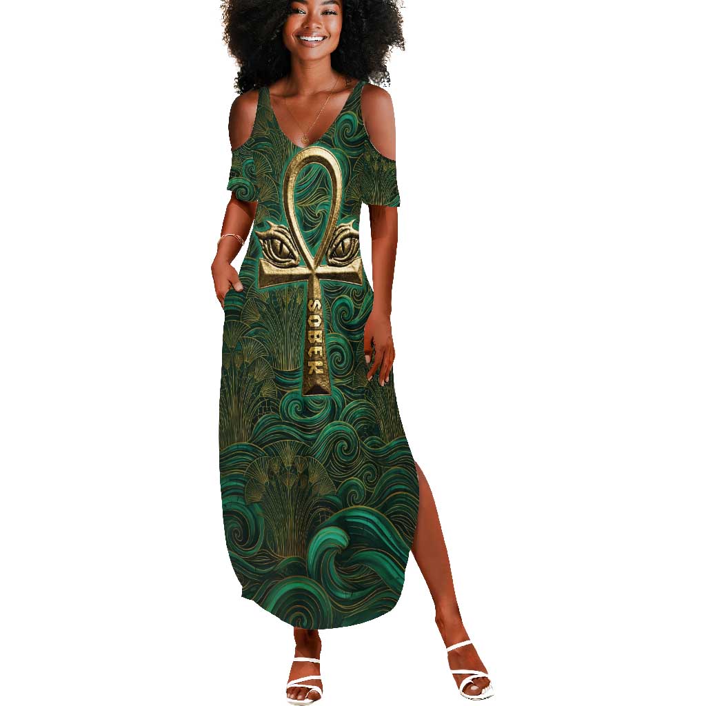 Sobek Crocodile Warrior Summer Maxi Dress with Ankh Ancient Egyptian Motif in Emerald