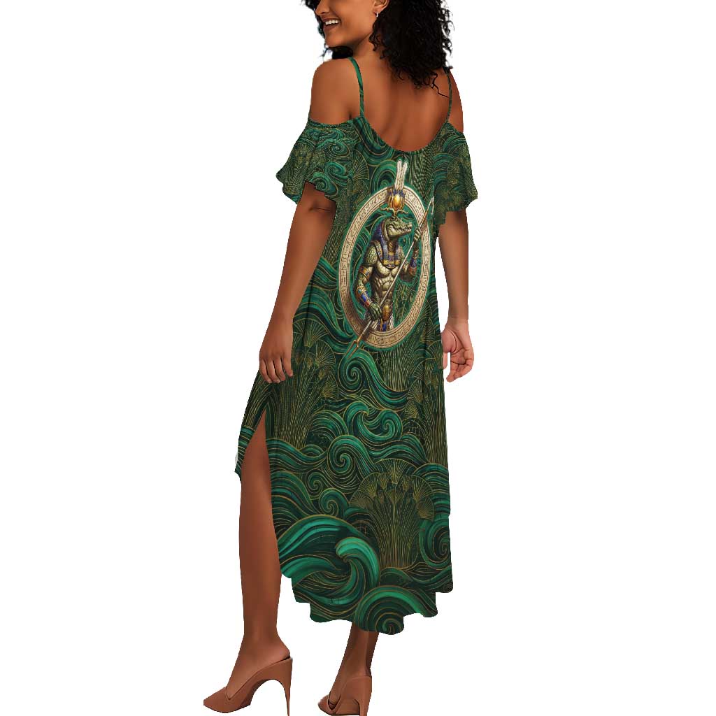 Sobek Crocodile Warrior Summer Maxi Dress with Ankh Ancient Egyptian Motif in Emerald