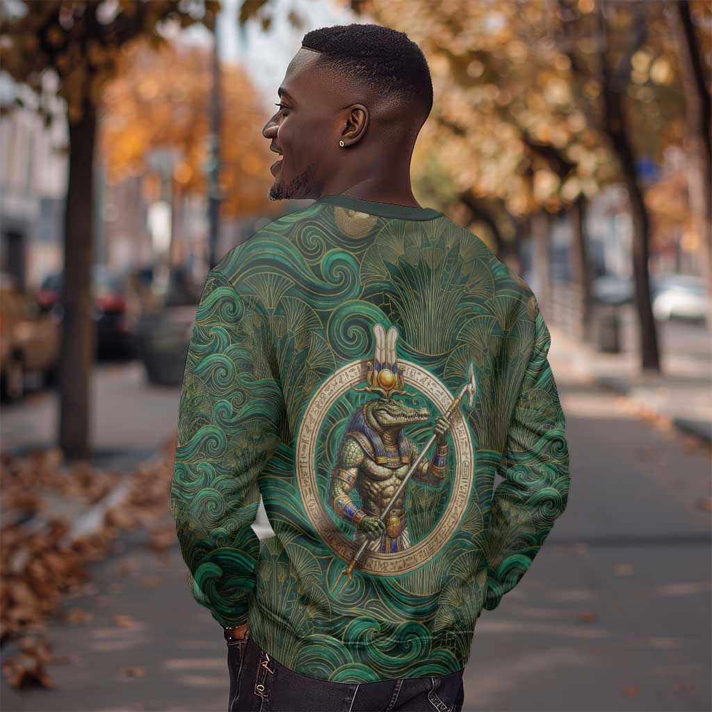 Sobek Crocodile Warrior Sweatshirt with Ankh Ancient Egyptian Motif in Emerald