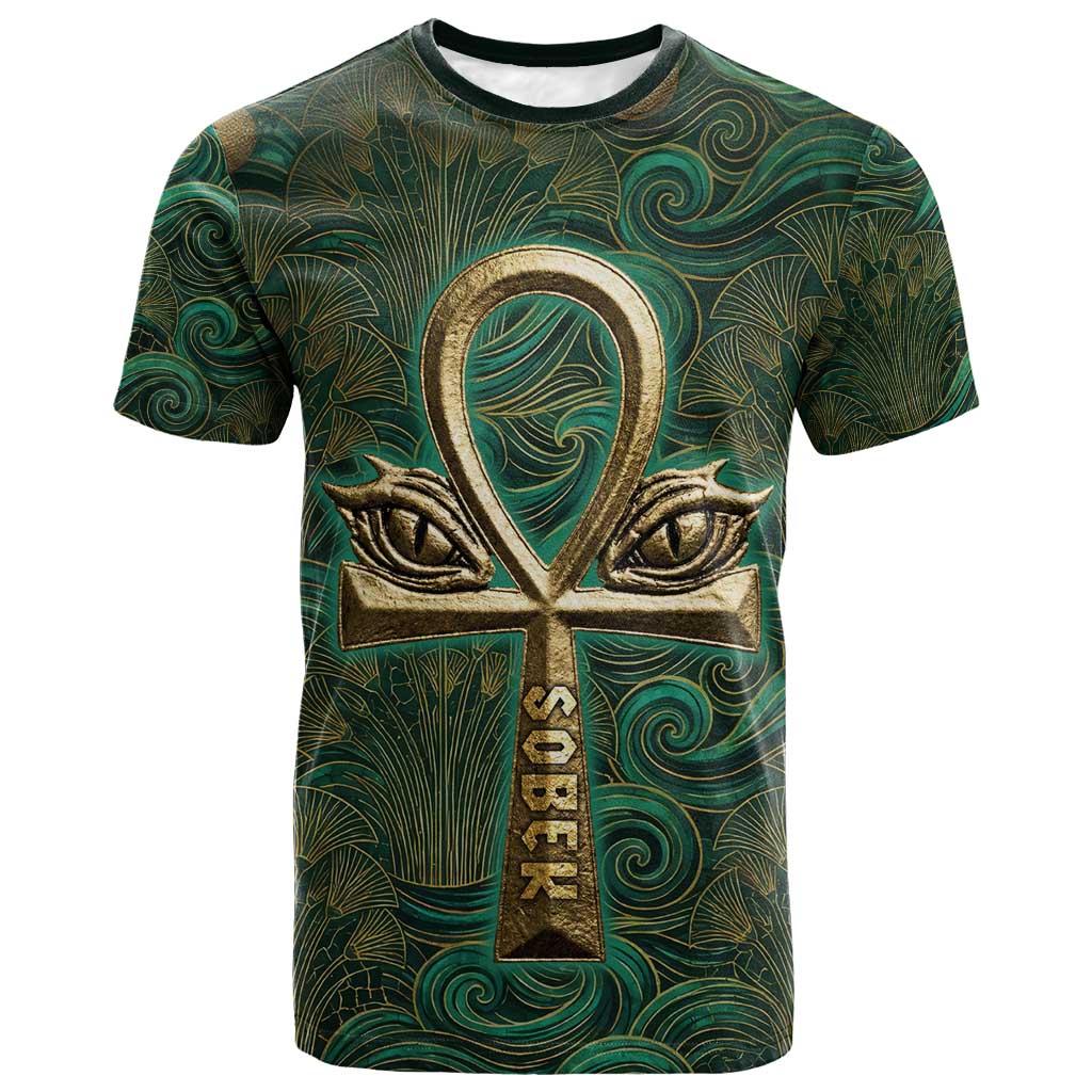 Sobek Crocodile Warrior T shirt with Ankh Ancient Egyptian Motif in Emerald