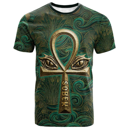 Sobek Crocodile Warrior T shirt with Ankh Ancient Egyptian Motif in Emerald