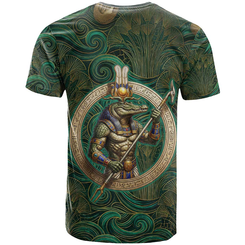 Sobek Crocodile Warrior T shirt with Ankh Ancient Egyptian Motif in Emerald
