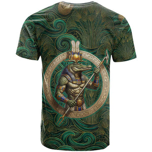 Sobek Crocodile Warrior T shirt with Ankh Ancient Egyptian Motif in Emerald