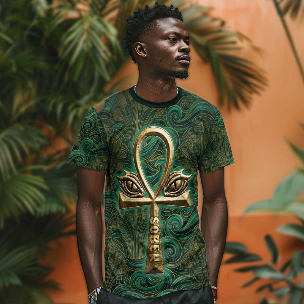 Sobek Crocodile Warrior T shirt with Ankh Ancient Egyptian Motif in Emerald