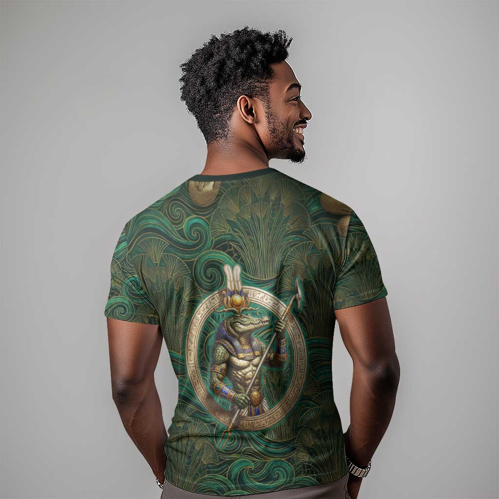 Sobek Crocodile Warrior T shirt with Ankh Ancient Egyptian Motif in Emerald