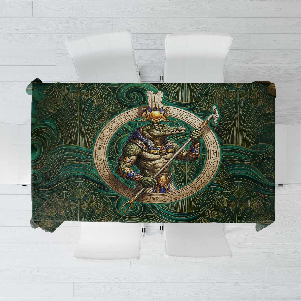 Sobek Crocodile Warrior Tablecloth with Ankh Ancient Egyptian Motif in Emerald