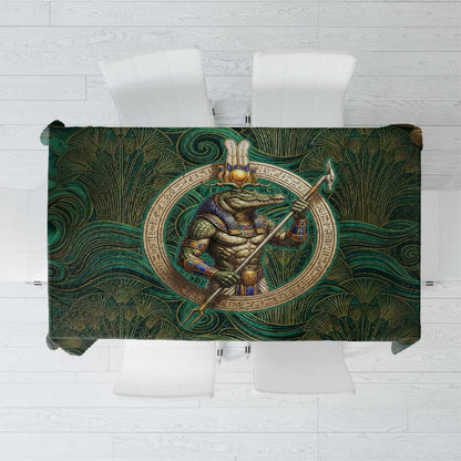 Sobek Crocodile Warrior Tablecloth with Ankh Ancient Egyptian Motif in Emerald