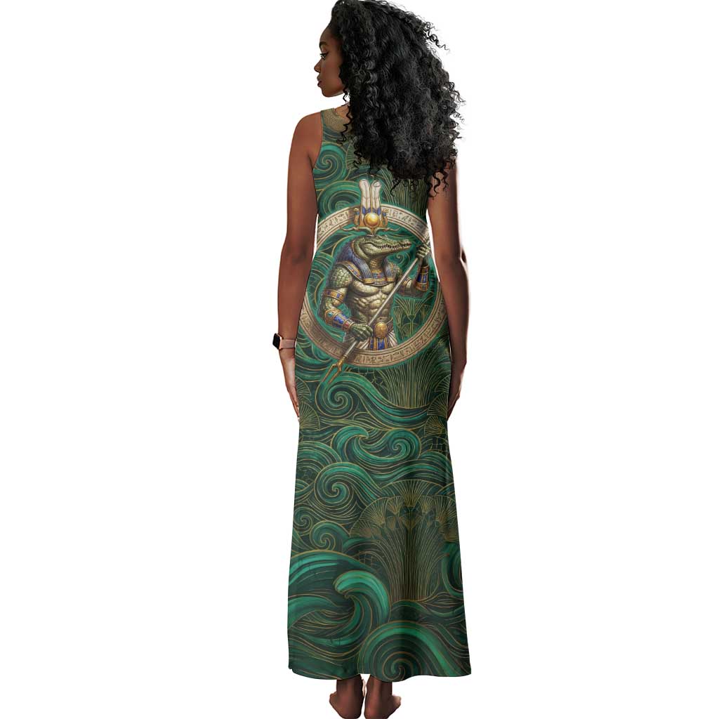 Sobek Crocodile Warrior Tank Maxi Dress with Ankh Ancient Egyptian Motif in Emerald