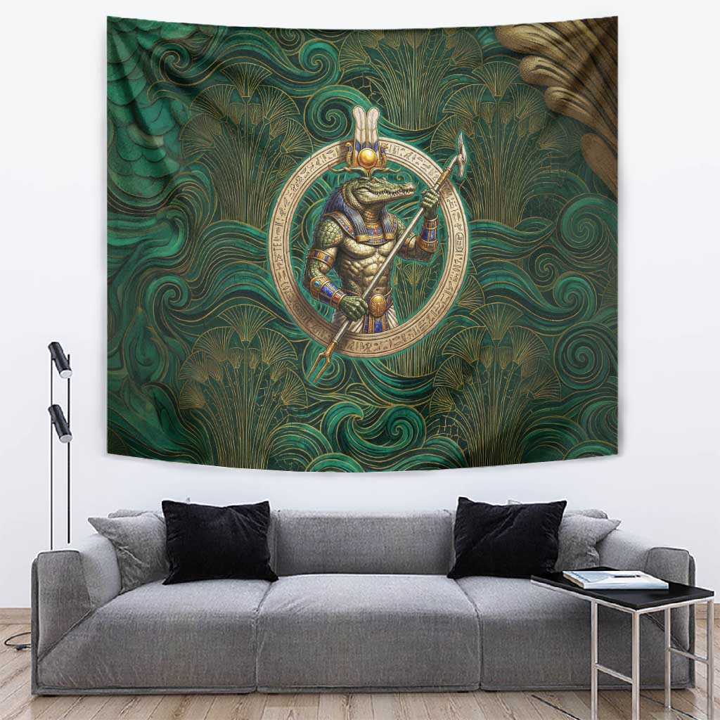 Sobek Crocodile Warrior Tapestry with Ankh Ancient Egyptian Motif in Emerald