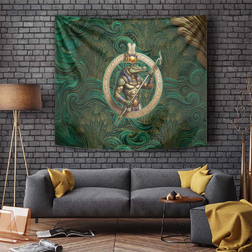 Sobek Crocodile Warrior Tapestry with Ankh Ancient Egyptian Motif in Emerald