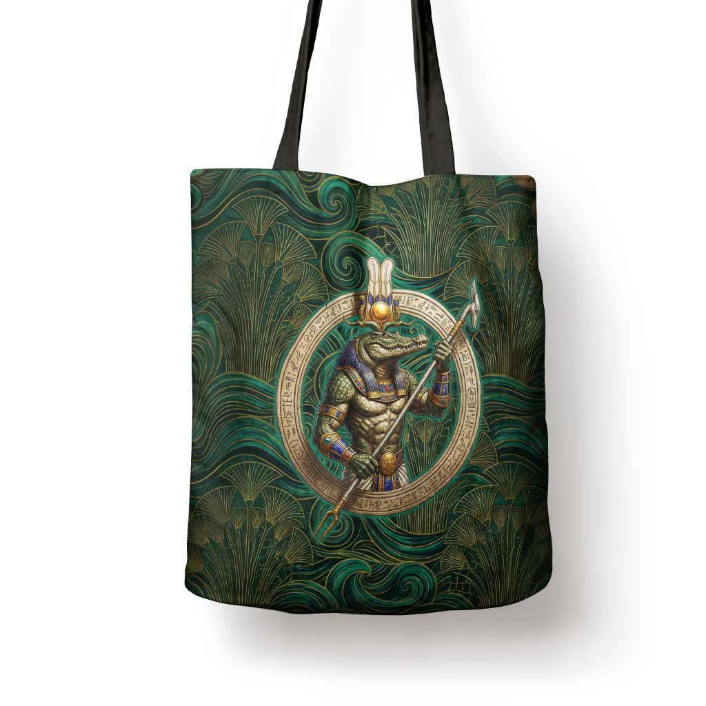 Sobek Crocodile Warrior Tote Bag with Ankh Ancient Egyptian Motif in Emerald