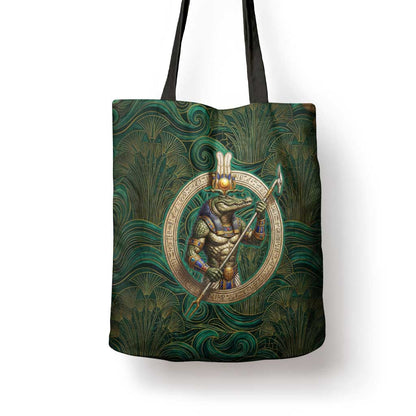 Sobek Crocodile Warrior Tote Bag with Ankh Ancient Egyptian Motif in Emerald