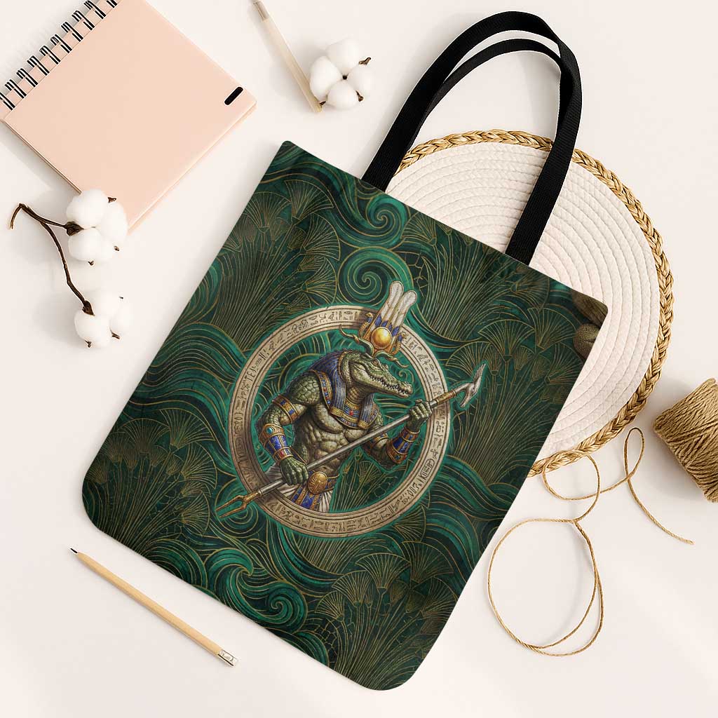 Sobek Crocodile Warrior Tote Bag with Ankh Ancient Egyptian Motif in Emerald