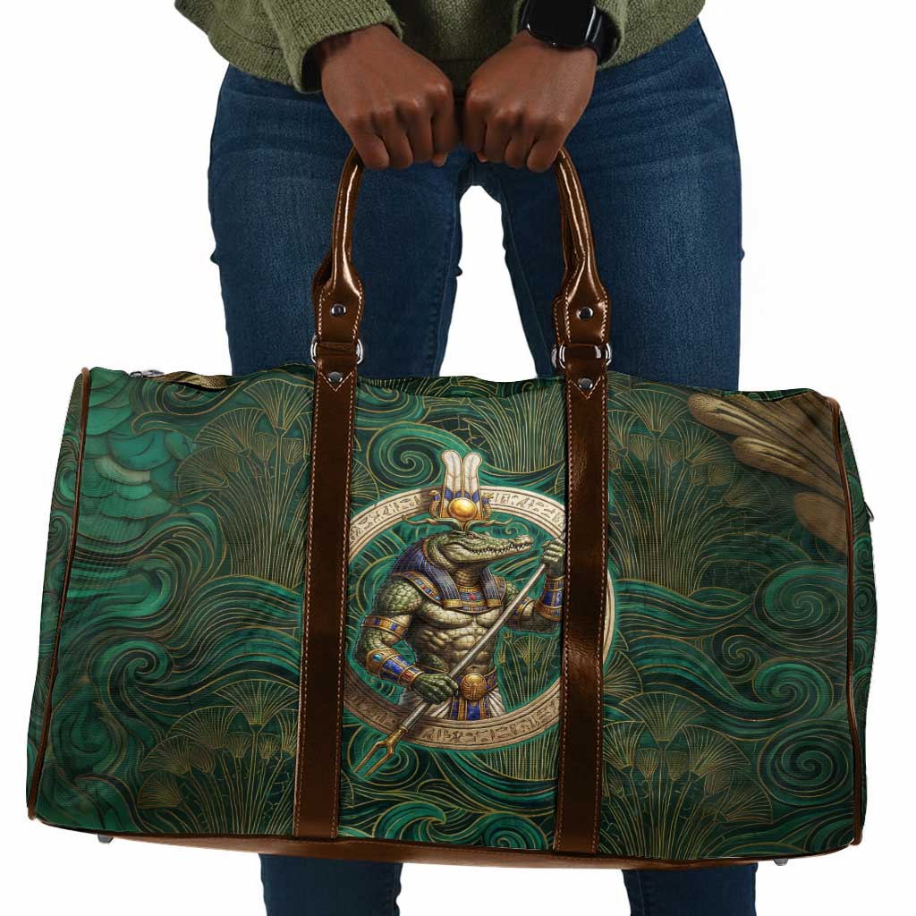 Sobek Crocodile Warrior Travel Bag with Ankh Ancient Egyptian Motif in Emerald