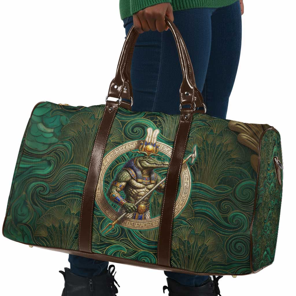 Sobek Crocodile Warrior Travel Bag with Ankh Ancient Egyptian Motif in Emerald