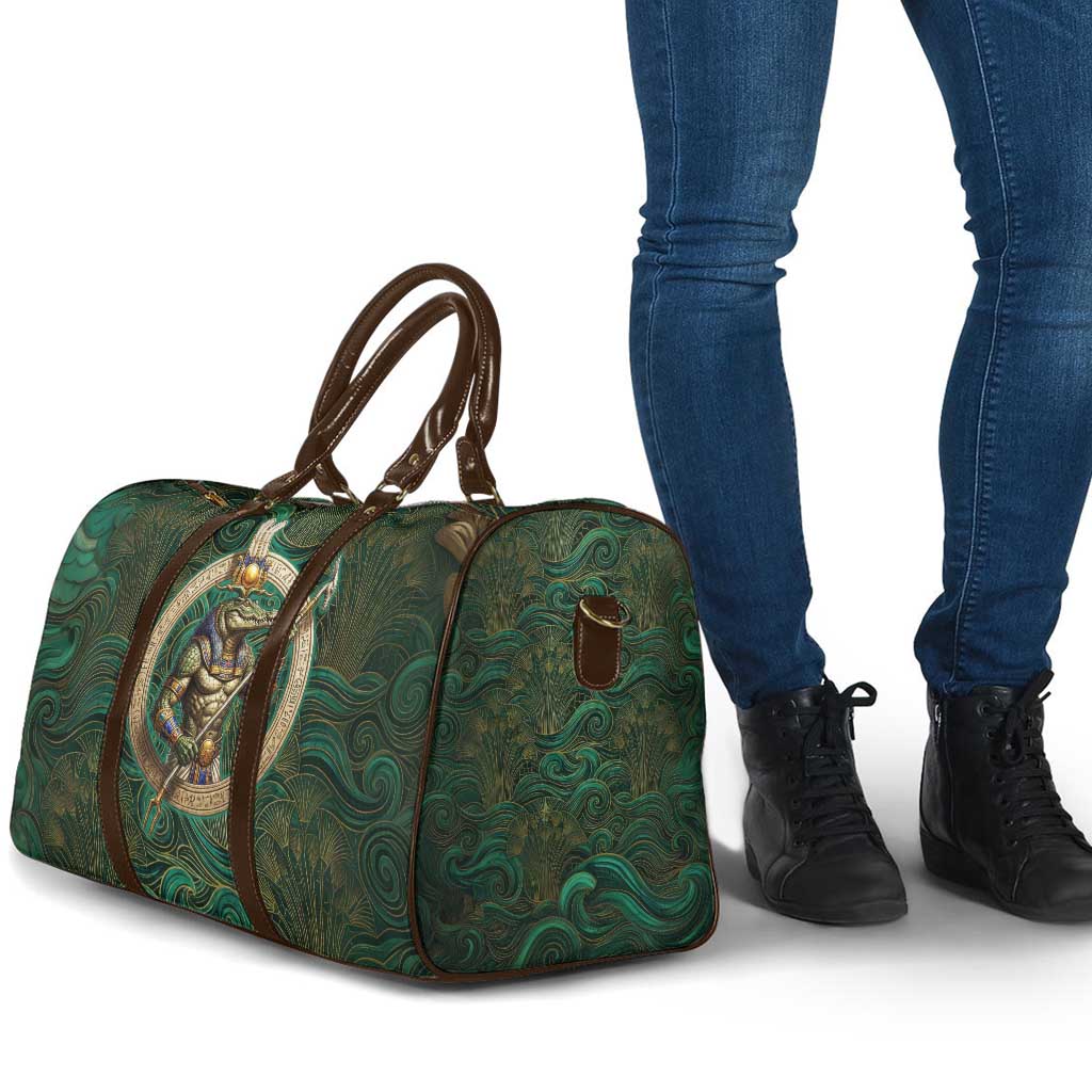 Sobek Crocodile Warrior Travel Bag with Ankh Ancient Egyptian Motif in Emerald