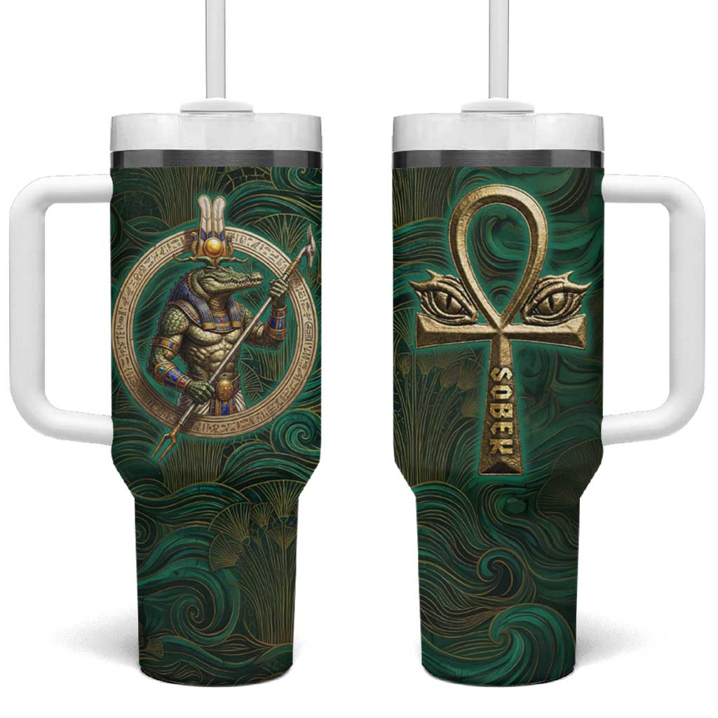 Sobek Crocodile Warrior Tumbler With Handle with Ankh Ancient Egyptian Motif in Emerald