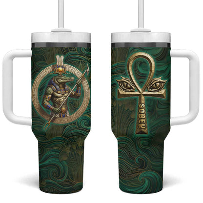 Sobek Crocodile Warrior Tumbler With Handle with Ankh Ancient Egyptian Motif in Emerald