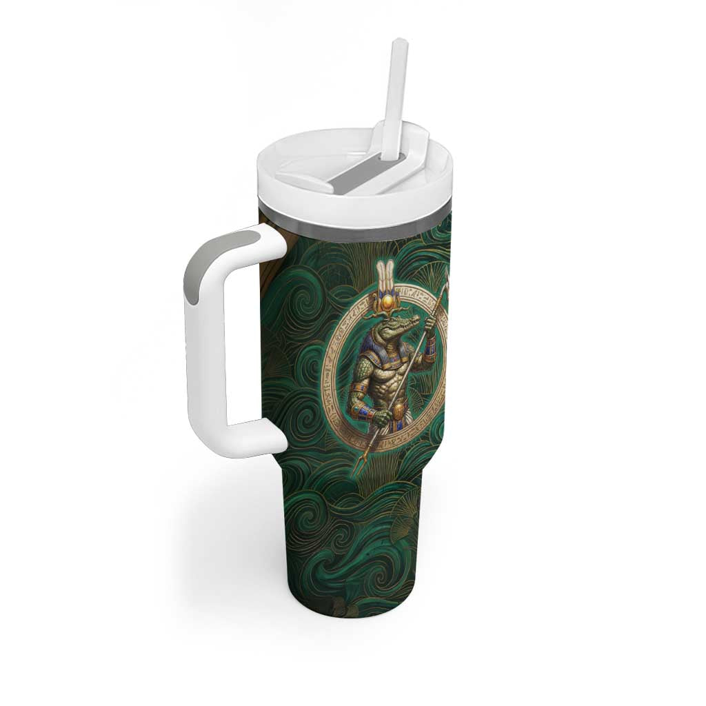 Sobek Crocodile Warrior Tumbler With Handle with Ankh Ancient Egyptian Motif in Emerald