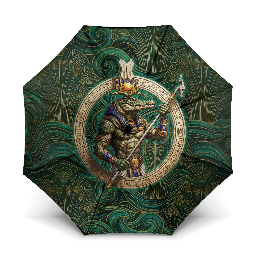 Sobek Crocodile Warrior Umbrella with Ankh Ancient Egyptian Motif in Emerald