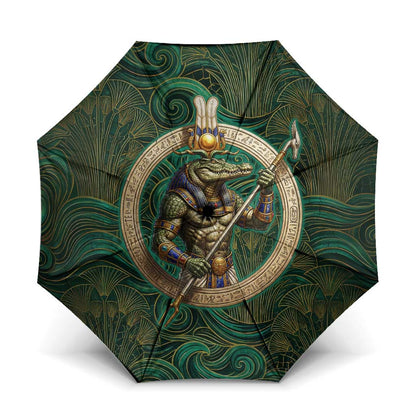 Sobek Crocodile Warrior Umbrella with Ankh Ancient Egyptian Motif in Emerald