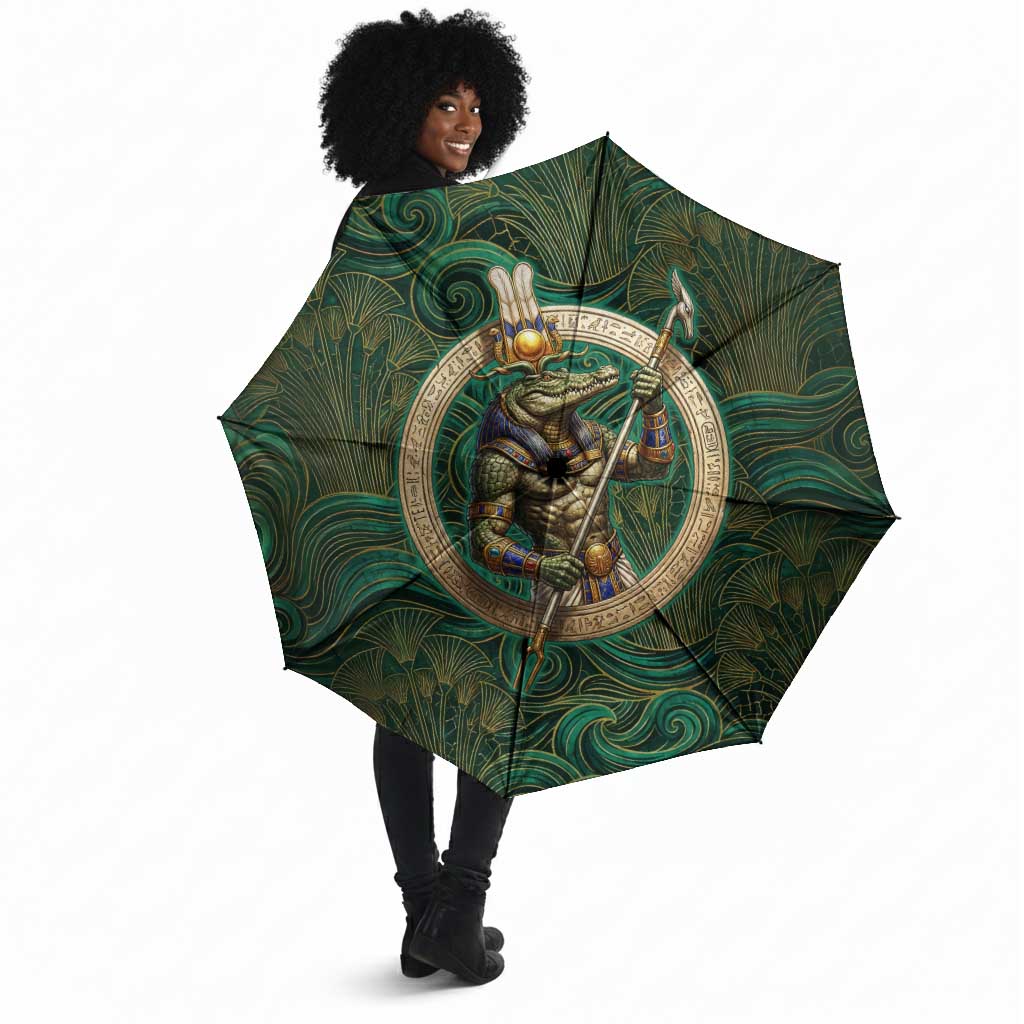 Sobek Crocodile Warrior Umbrella with Ankh Ancient Egyptian Motif in Emerald