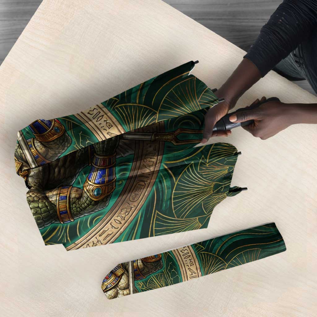 Sobek Crocodile Warrior Umbrella with Ankh Ancient Egyptian Motif in Emerald