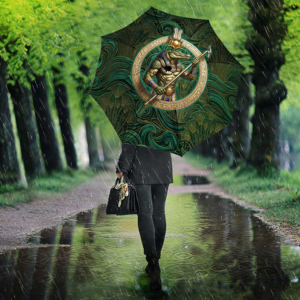 Sobek Crocodile Warrior Umbrella with Ankh Ancient Egyptian Motif in Emerald