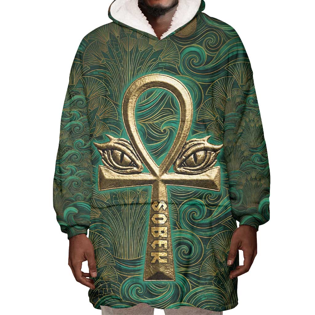 Sobek Crocodile Warrior Wearable Blanket Hoodie with Ankh Ancient Egyptian Motif in Emerald