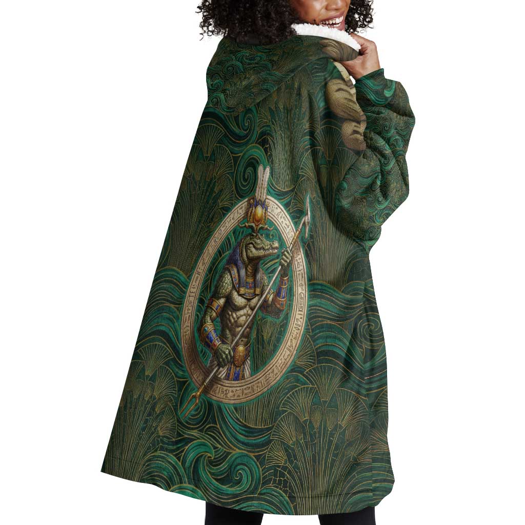 Sobek Crocodile Warrior Wearable Blanket Hoodie with Ankh Ancient Egyptian Motif in Emerald
