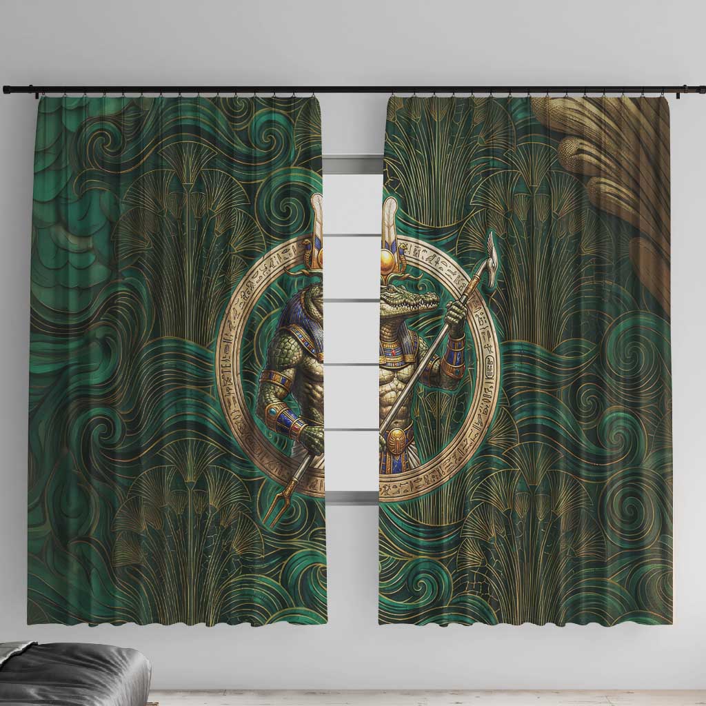 Sobek Crocodile Warrior Window Curtain with Ankh Ancient Egyptian Motif in Emerald