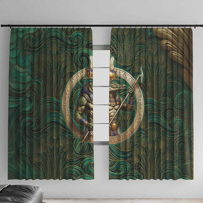 Sobek Crocodile Warrior Window Curtain with Ankh Ancient Egyptian Motif in Emerald