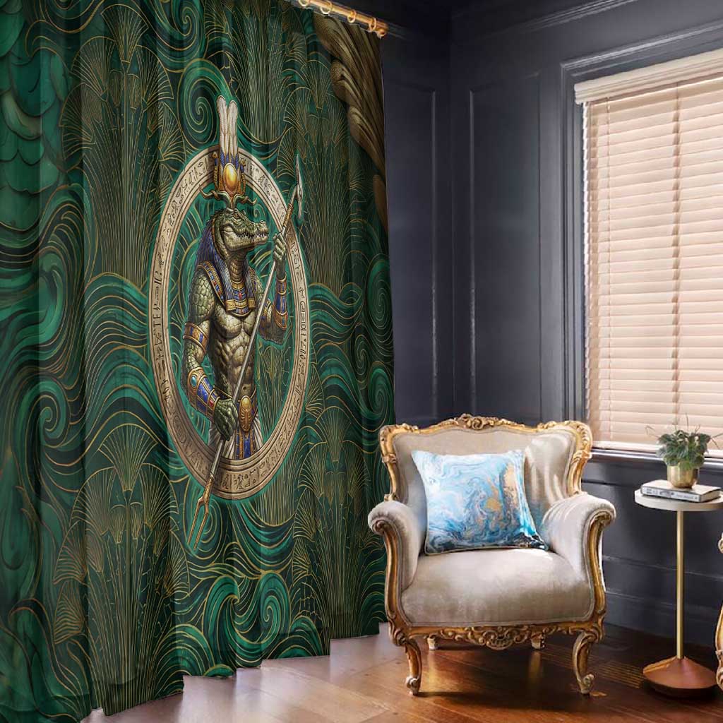Sobek Crocodile Warrior Window Curtain with Ankh Ancient Egyptian Motif in Emerald