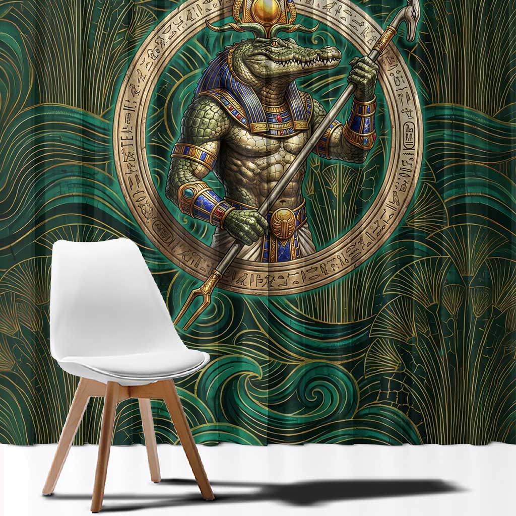 Sobek Crocodile Warrior Window Curtain with Ankh Ancient Egyptian Motif in Emerald