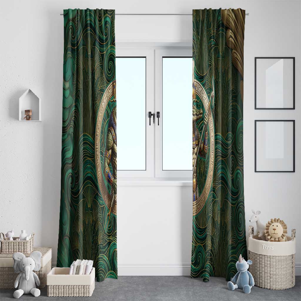 Sobek Crocodile Warrior Window Curtain with Ankh Ancient Egyptian Motif in Emerald