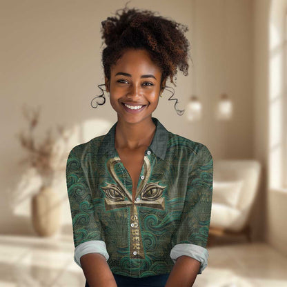 Sobek Crocodile Warrior Women Casual Shirt with Ankh Ancient Egyptian Motif in Emerald