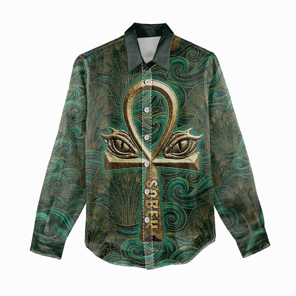 Sobek Crocodile Warrior Women Casual Shirt with Ankh Ancient Egyptian Motif in Emerald