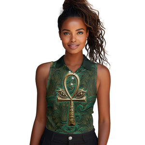 Sobek Crocodile Warrior Women Sleeveless Polo Shirt with Ankh Ancient Egyptian Motif in Emerald
