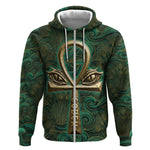 Sobek Crocodile Warrior Zip Hoodie with Ankh Ancient Egyptian Motif in Emerald