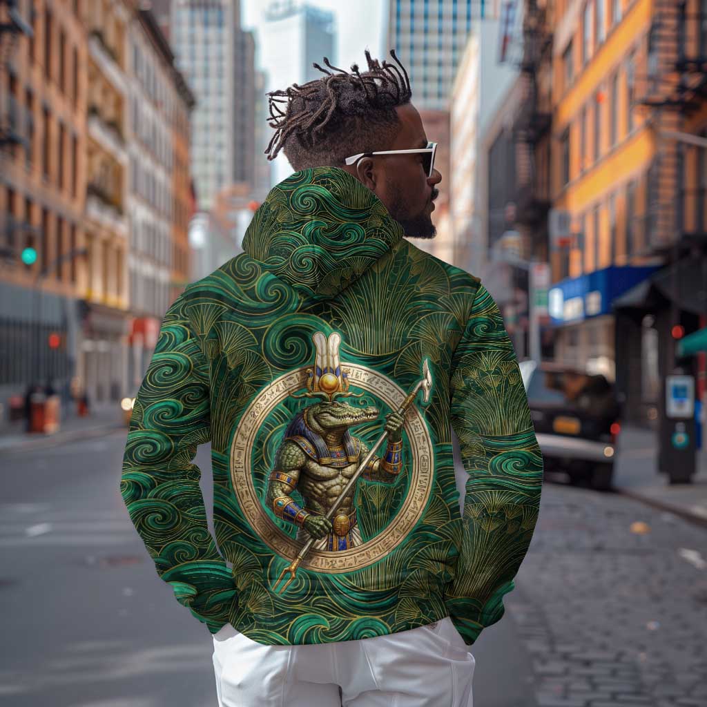 Sobek Crocodile Warrior Zip Hoodie with Ankh Ancient Egyptian Motif in Emerald