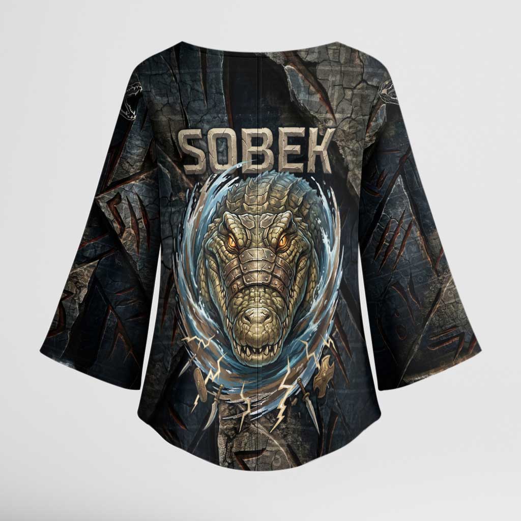 Sobek Egypt Kimono Sleeve Blouse with Crocodile Head Water Symbolism Ancient Guardian