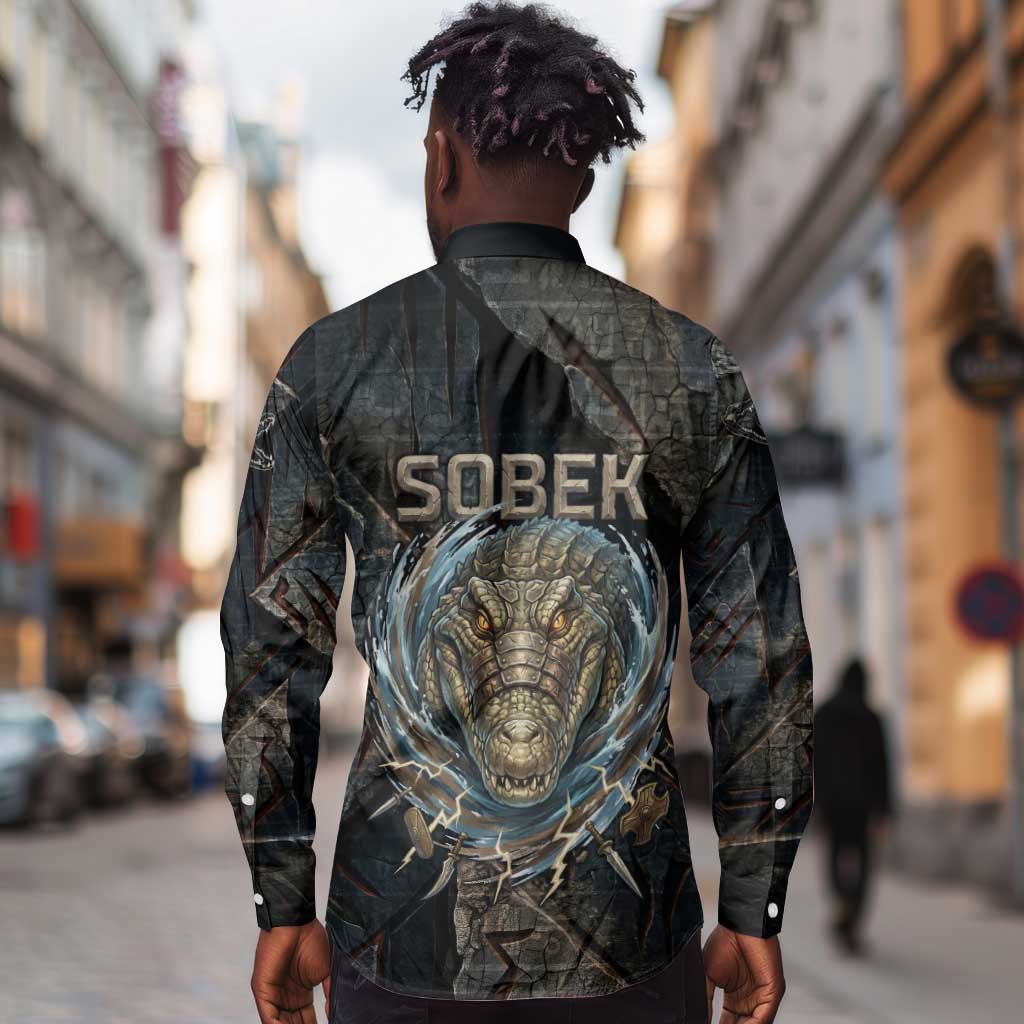 Sobek Egypt Long Sleeve Button Shirt with Crocodile Head Water Symbolism Ancient Guardian