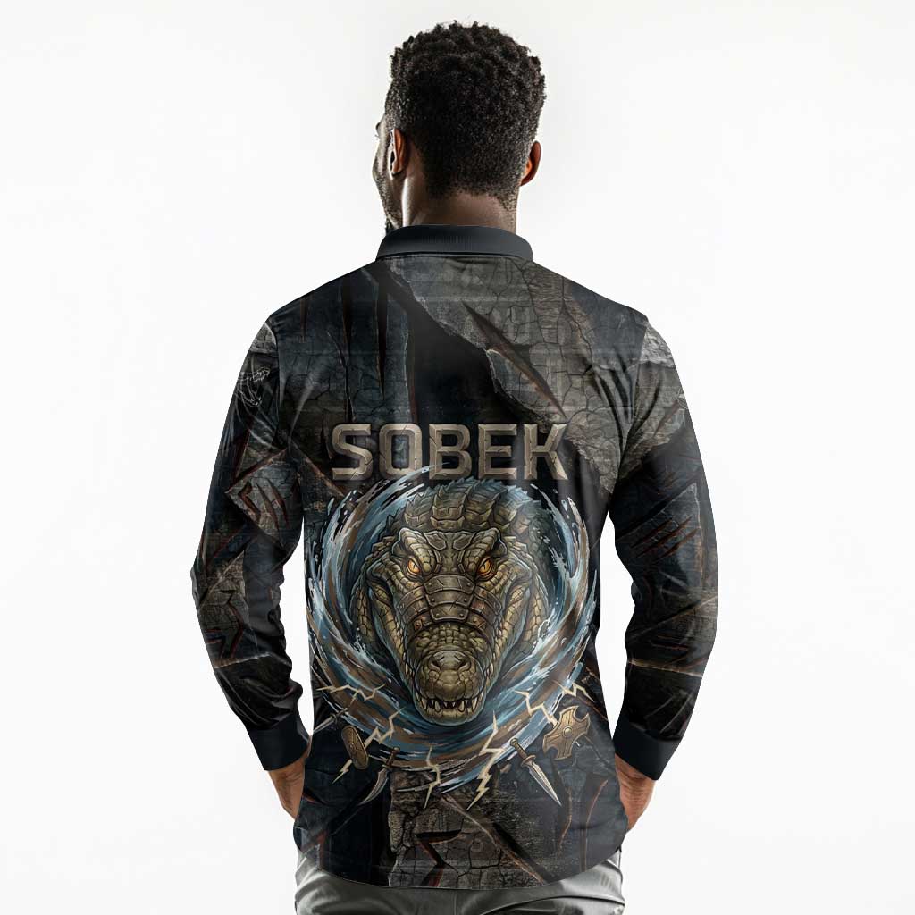 Sobek Egypt Long Sleeve Polo Shirt with Crocodile Head Water Symbolism Ancient Guardian