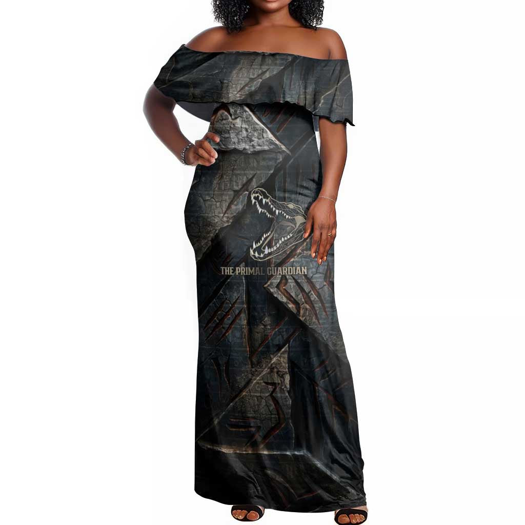 Sobek Egypt Off Shoulder Maxi Dress with Crocodile Head Water Symbolism Ancient Guardian