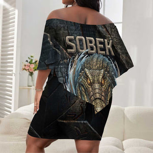 Sobek Egypt Off Shoulder Short Dress with Crocodile Head Water Symbolism Ancient Guardian