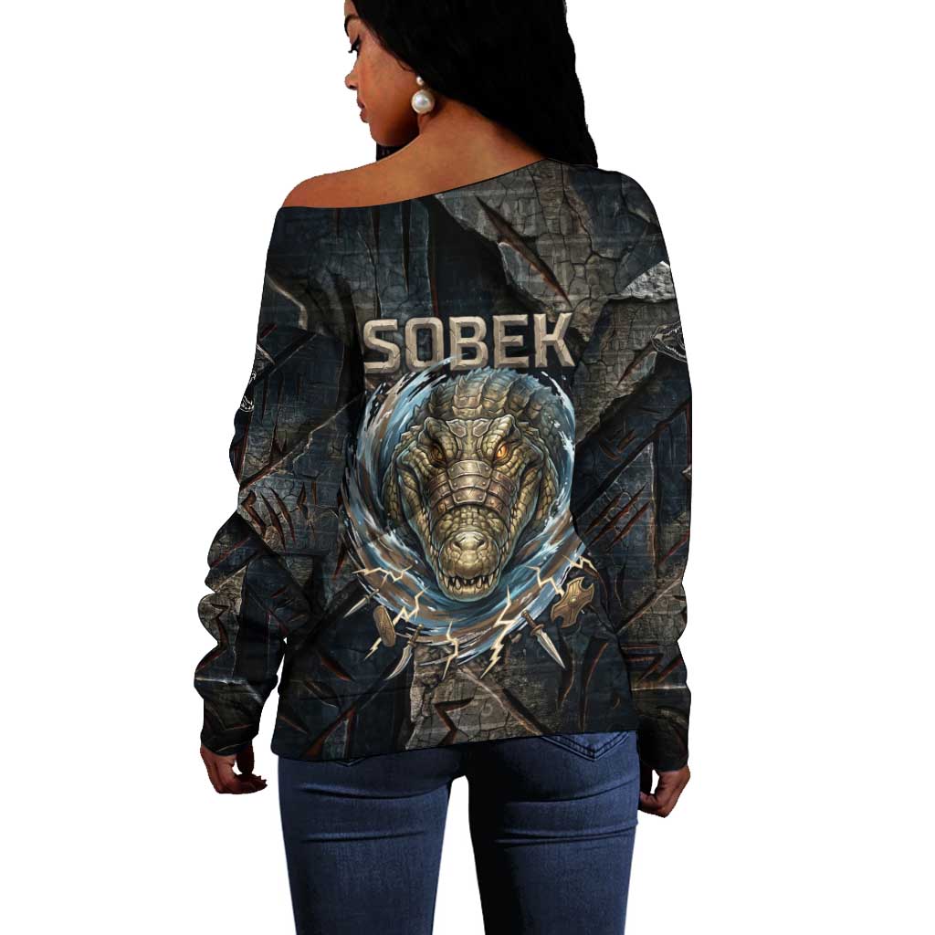 Sobek Egypt Off Shoulder Sweater with Crocodile Head Water Symbolism Ancient Guardian